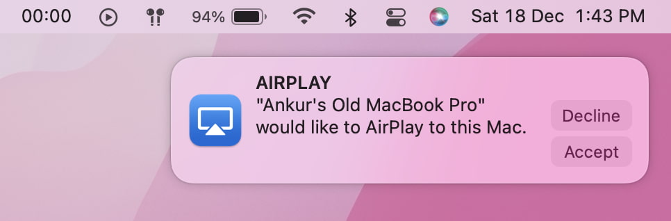 Aceptar solicitud de AirPlay entrante en Mac