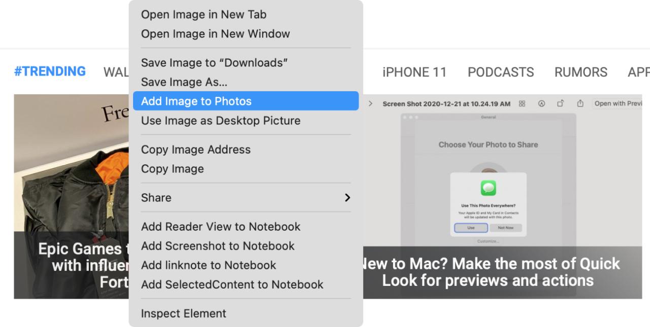 Agregar imagen a fotos en Safari en Mac