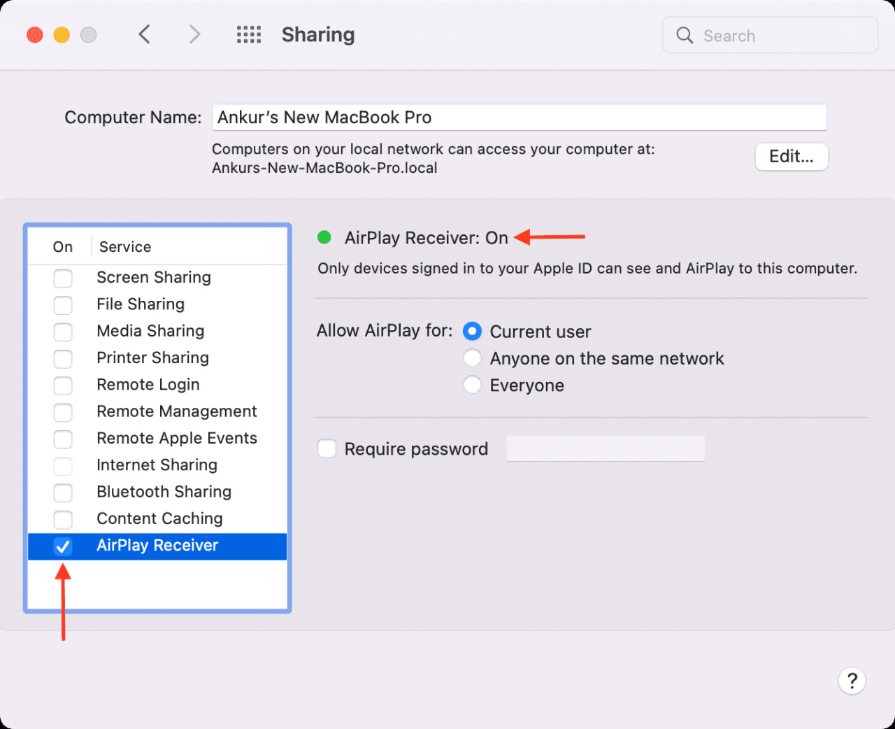 AirPlay Receiver habilitado en Mac con macOS Monterey