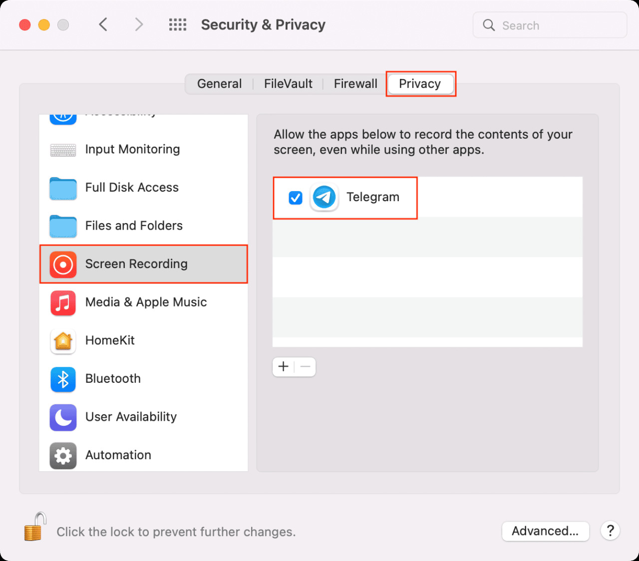 Permitir que Telegram grabe la pantalla en Mac