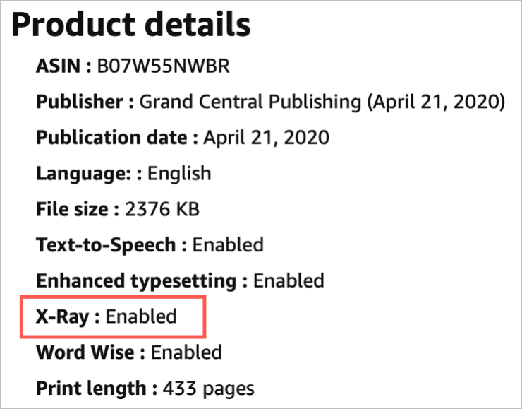 Amazon Book Detalles del producto Rayos X habilitados