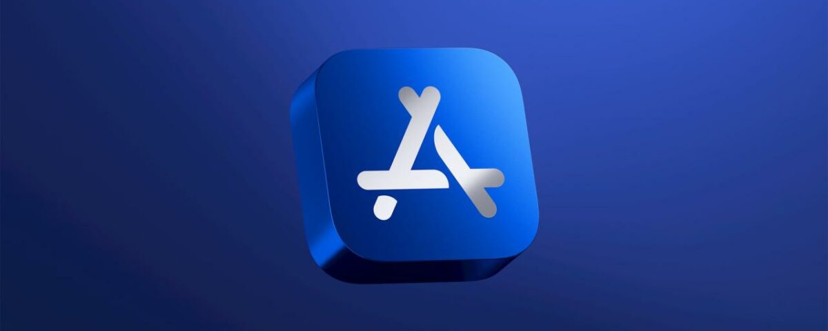 Imagen de marketing de Apple que muestra un ícono 3D para la App Store contra un fondo degradado azul