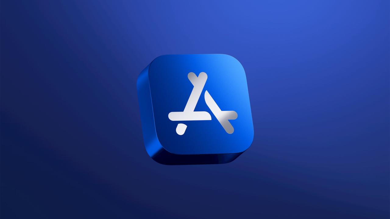 Imagen de marketing de Apple que muestra un ícono 3D para la App Store contra un fondo degradado azul