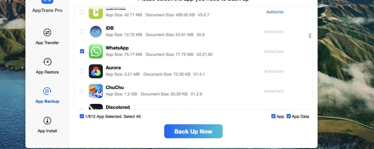 Una captura de pantalla que muestra la función Copia de seguridad de la aplicación en la aplicación AppTrans para macOS de iMobie