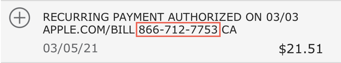 Número de teléfono del extracto bancario de Apple Bill