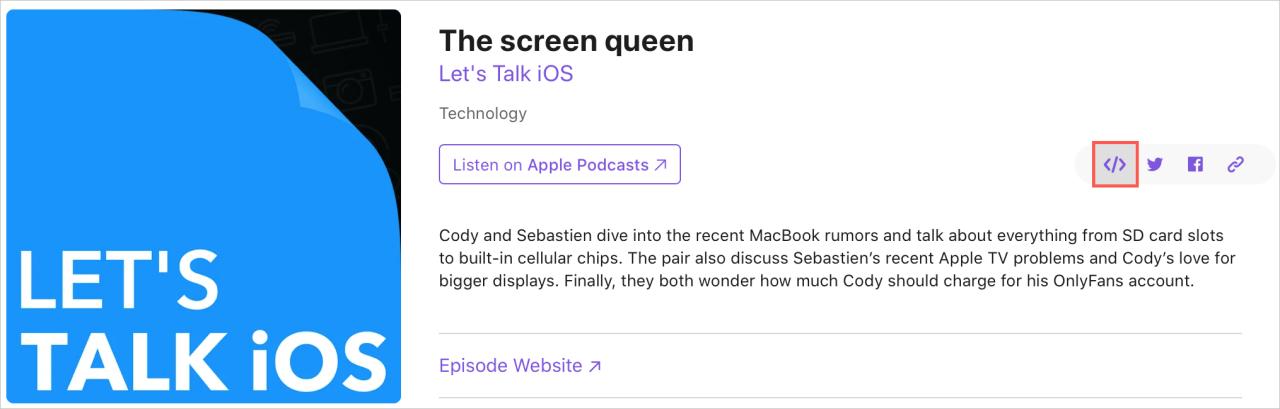 Compartir episodio de Apple Podcasts Insertar