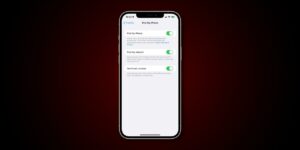 Imagen destacada que muestra la configuración de Buscar mi en Apple iPhone 12 Pro Max, sobre un fondo degradado rojo oscuro