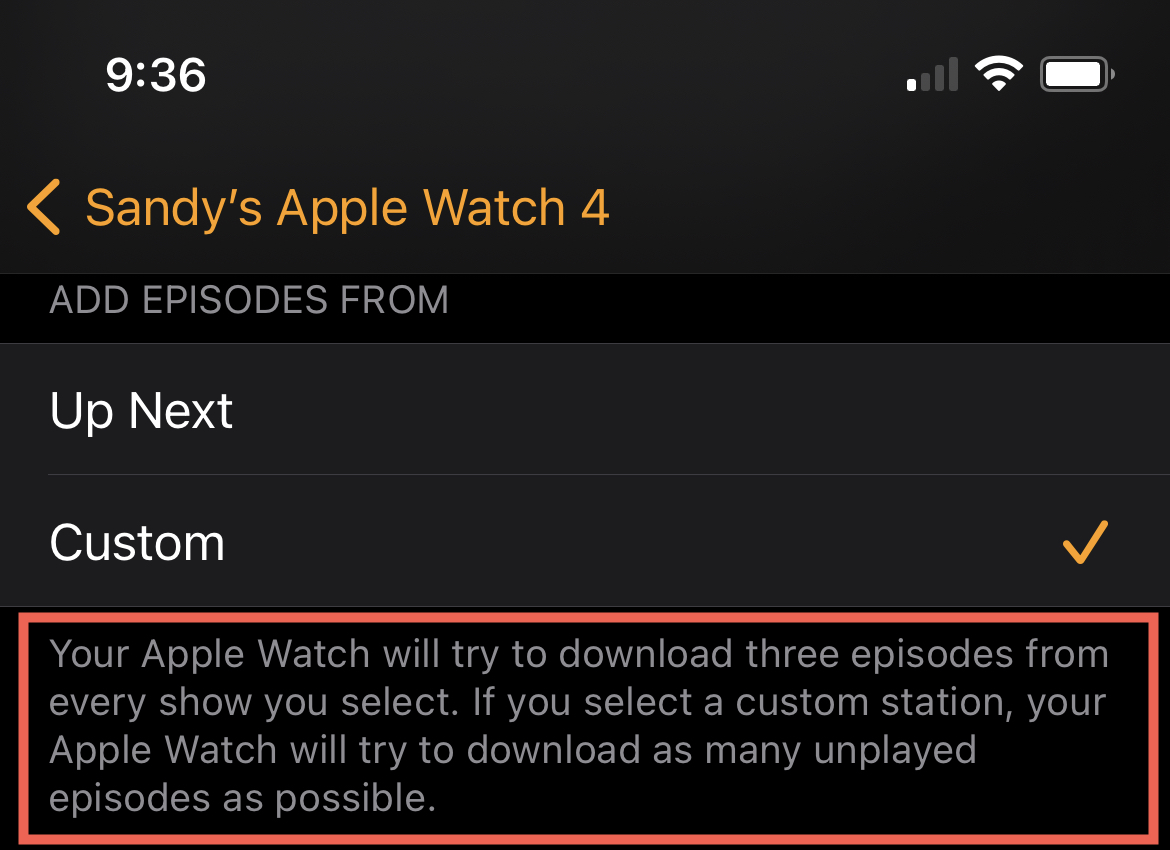 Apple Watch Acerca de las descargas de podcasts