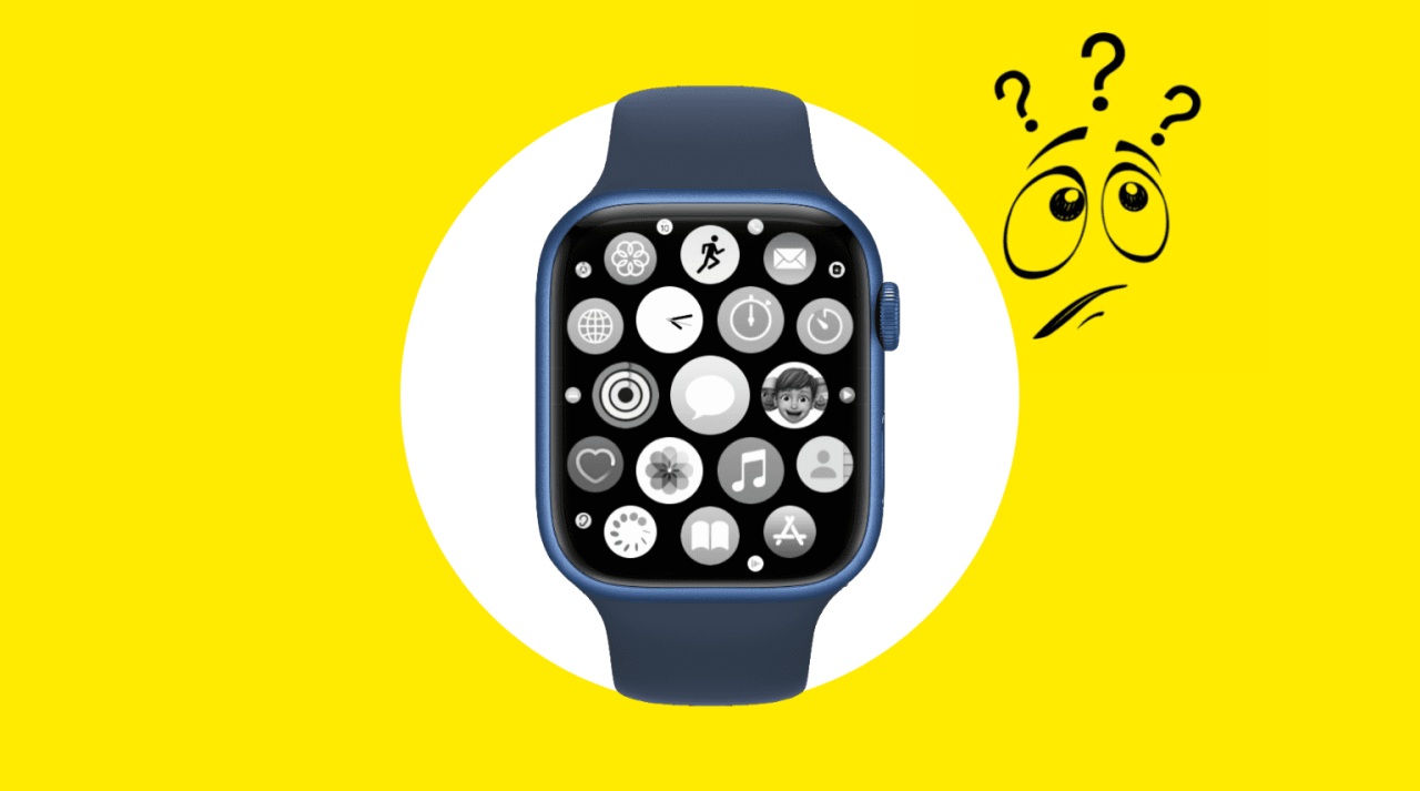 Apple Watch con una burbuja de aplicación en blanco y negro sobre un fondo amarillo con una cara triste que muestra que las aplicaciones no funcionan
