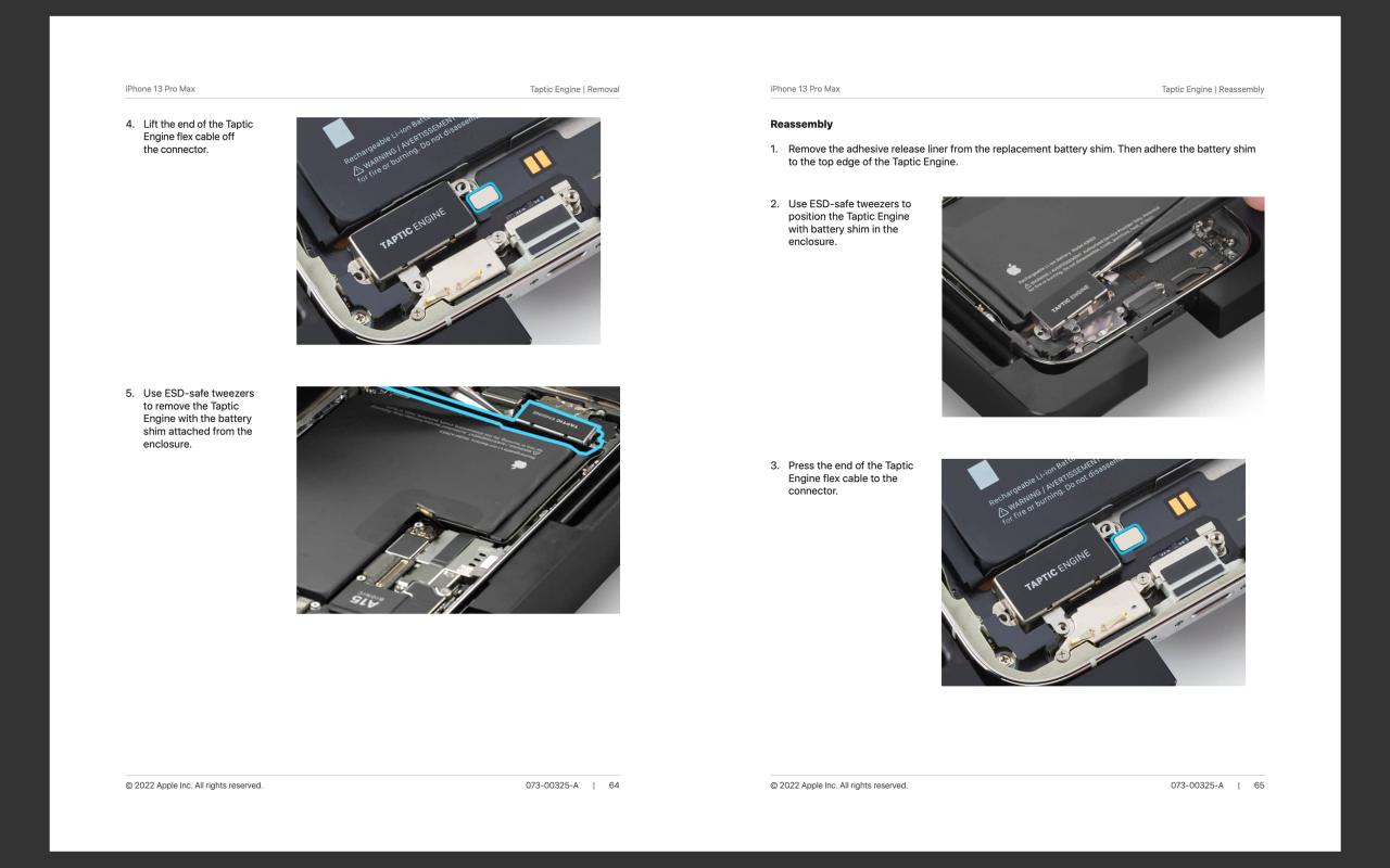 Una captura de pantalla del manual de servicio de Apple para el iPhone 13 Pro Max que muestra los pasos para reemplazar el Taptic Engine