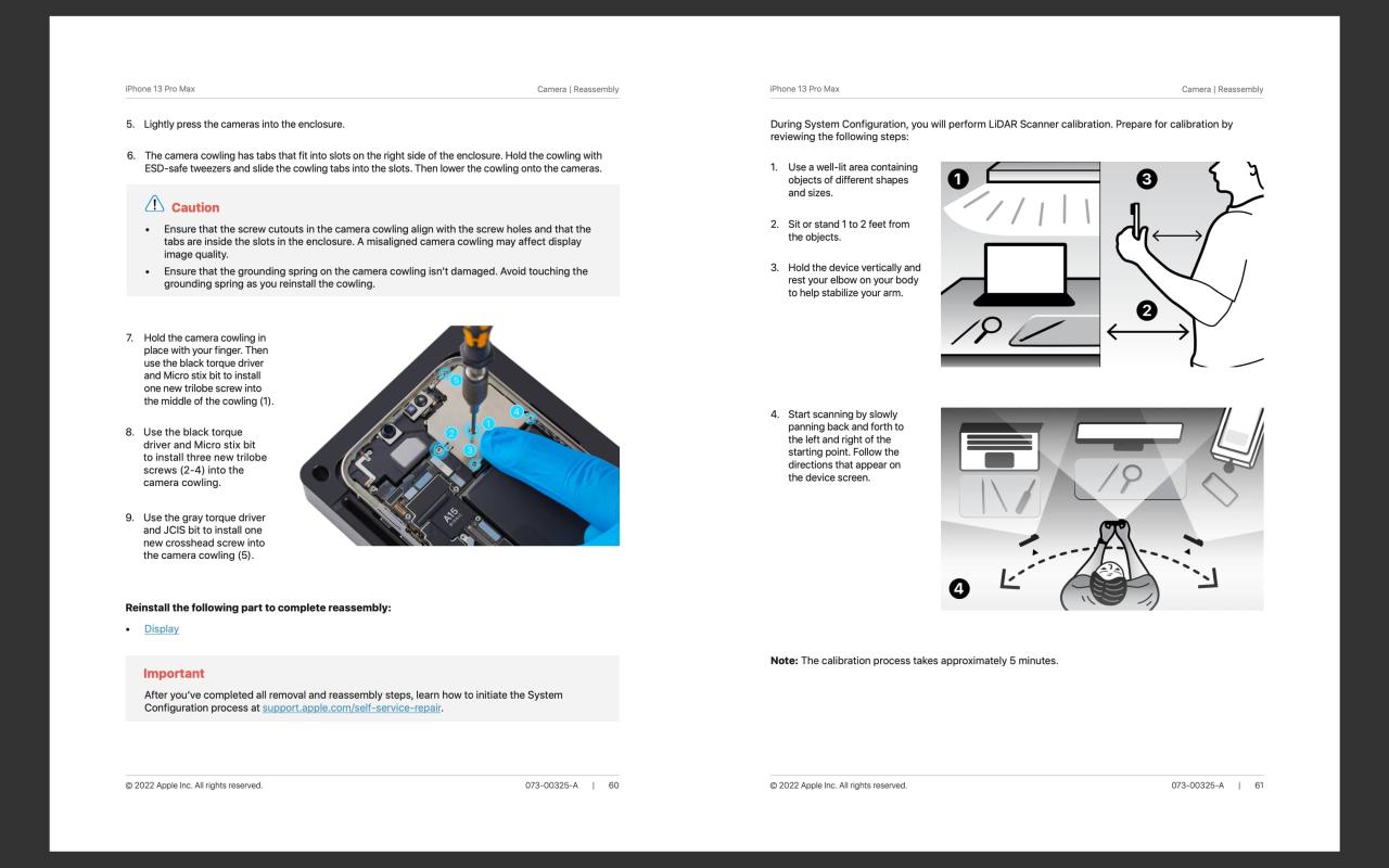 Una captura de pantalla del manual de servicio de Apple para el iPhone 13 Pro Max que muestra los pasos para reemplazar la cámara