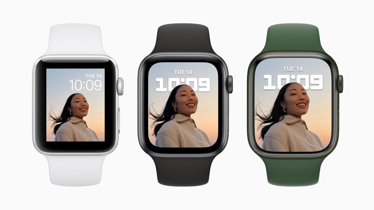 Imagen de marketing de Apple que muestra una comparación del tamaño de pantalla entre Apple Watch Series 7 y modelos anteriores