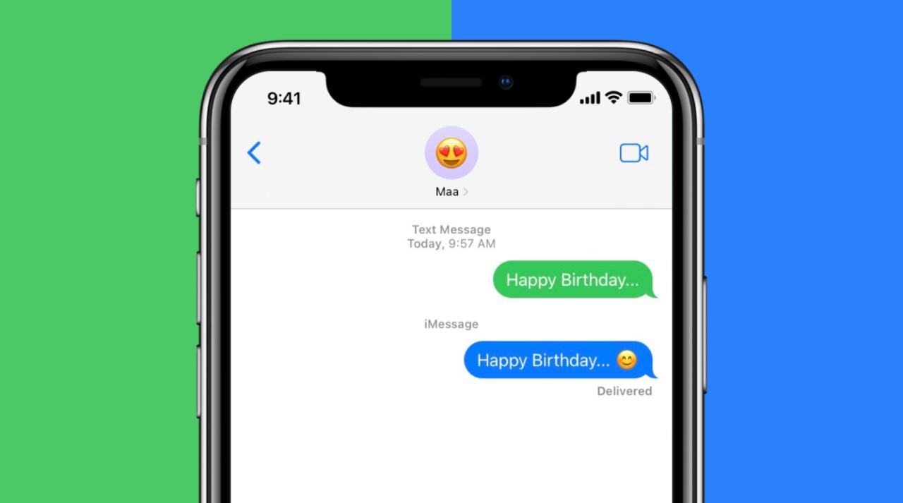 Burbujas de chat azules y verdes en la aplicación Mensajes de iPhone