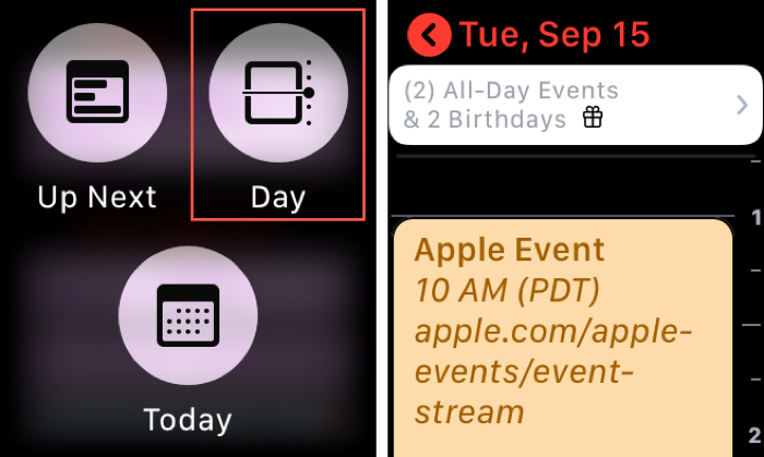 Habilite la vista del día del calendario en Apple Watch