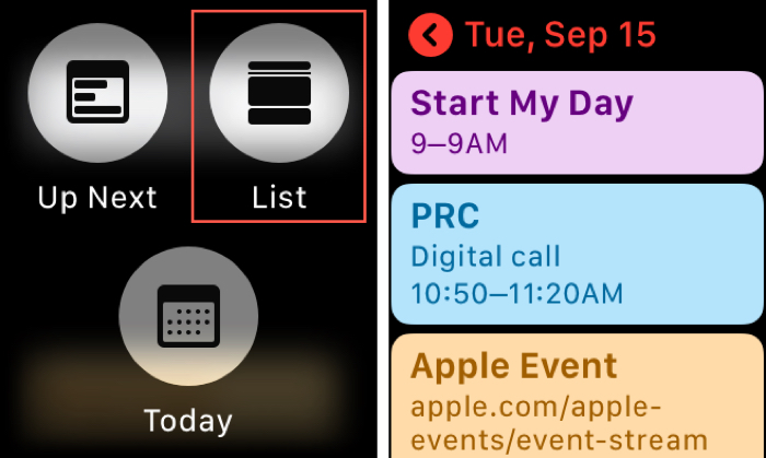 Habilite la vista de lista de calendario en Apple Watch
