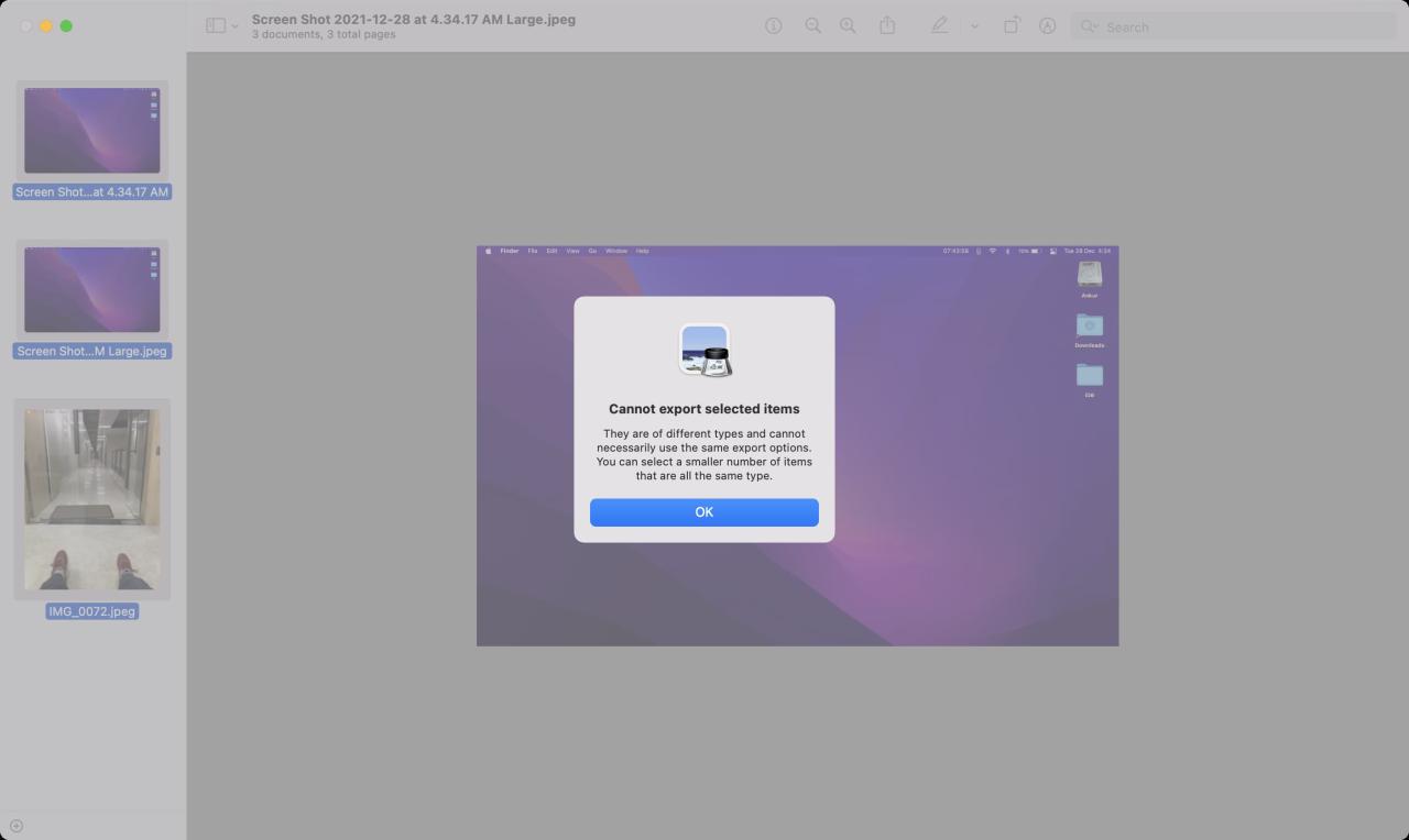 No se pueden exportar elementos seleccionados Vista previa Mac
