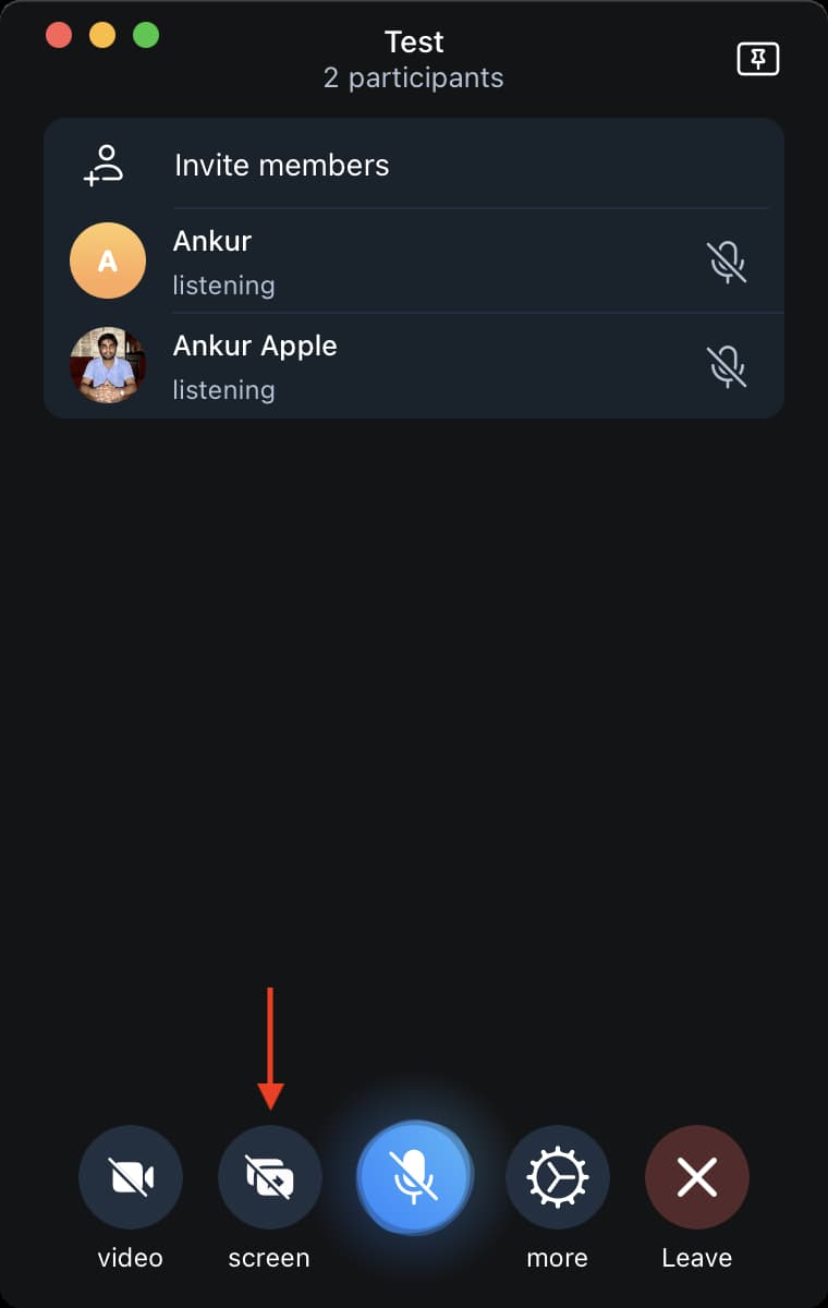 Haga clic en la pantalla para comenzar a compartir la pantalla en Telegram Mac