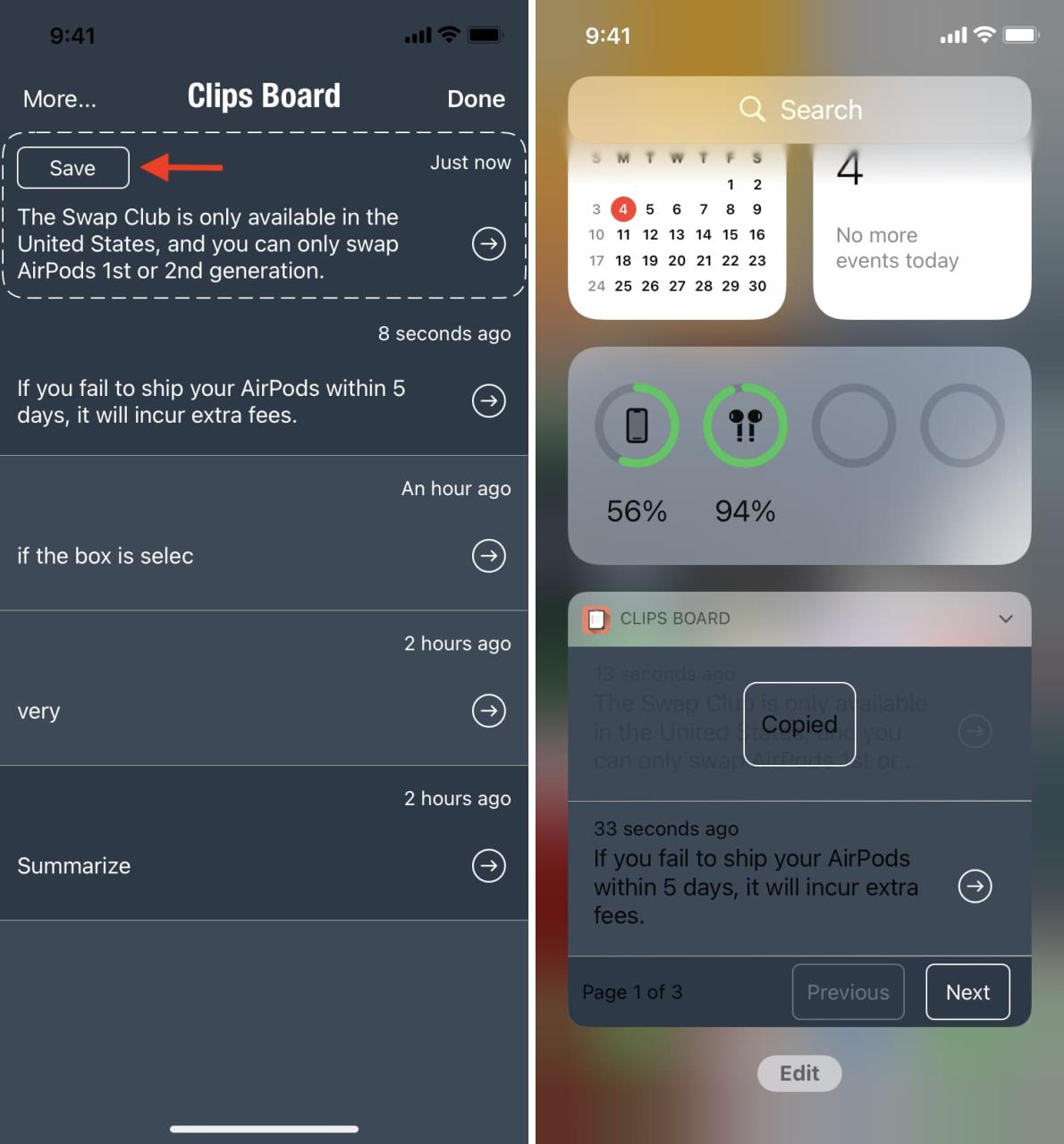Aplicación de portapapeles Clips Board en iPhone con widget