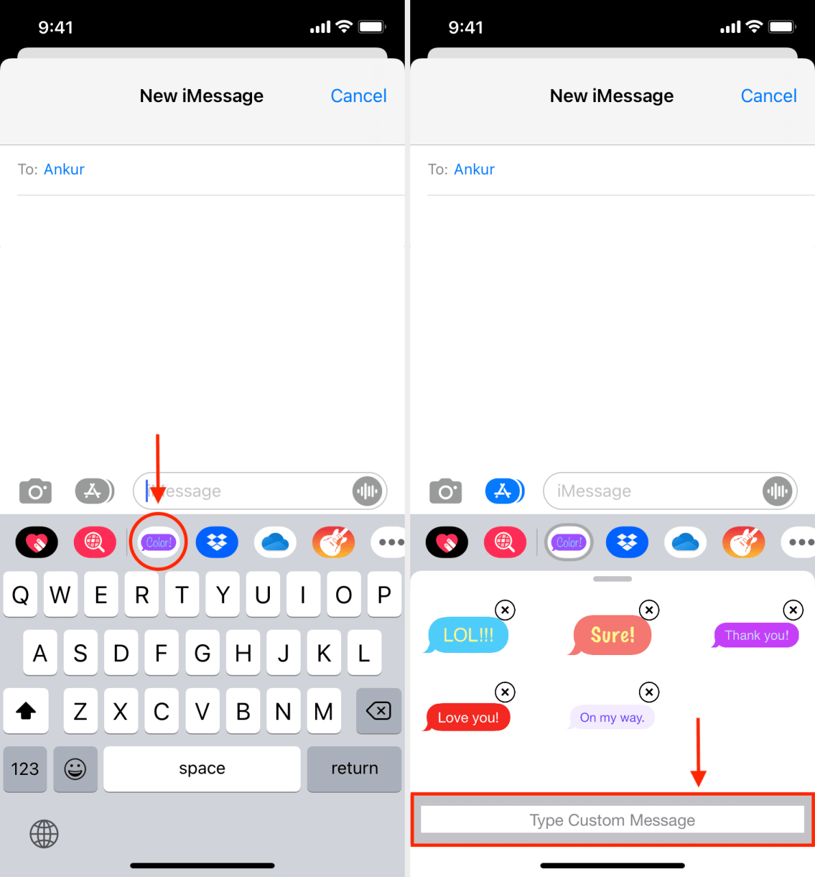 Burbujas de texto en color para iMessage en la aplicación Mensajes en iPhone