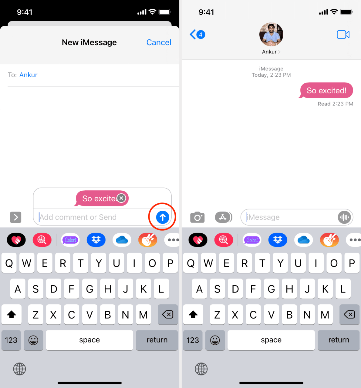 Burbuja colorida de iMessage enviada desde iPhone