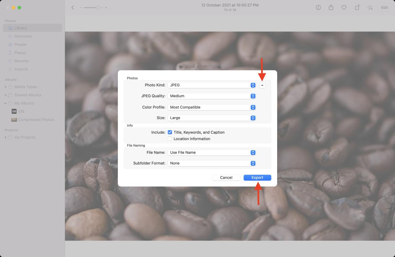 Comprimir imágenes en la aplicación Mac Photos