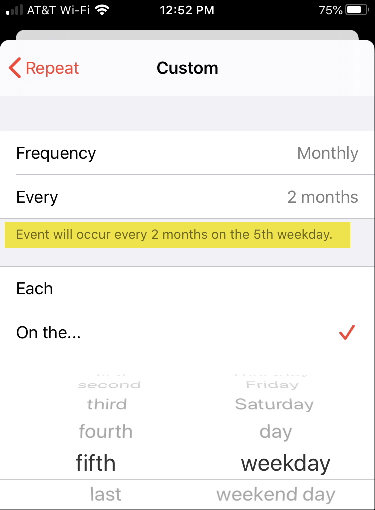 Confirmar calendario de eventos repetidos personalizado iPhone