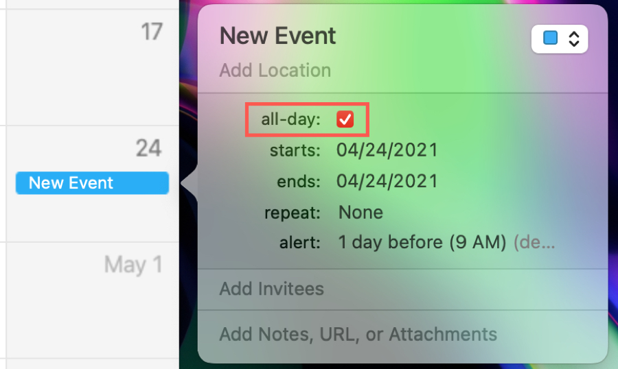 Crear evento de todo el día en Calendario en Mac