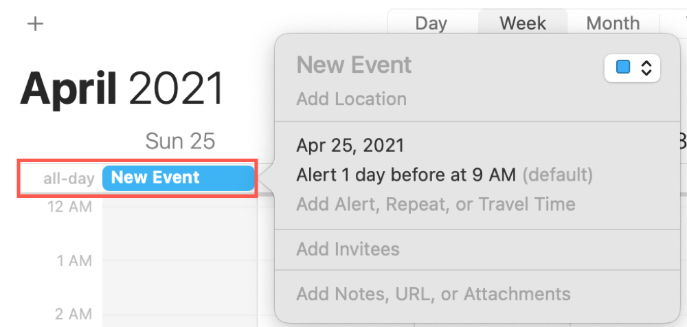 Crear evento de sección de todo el día en Calendario en Mac