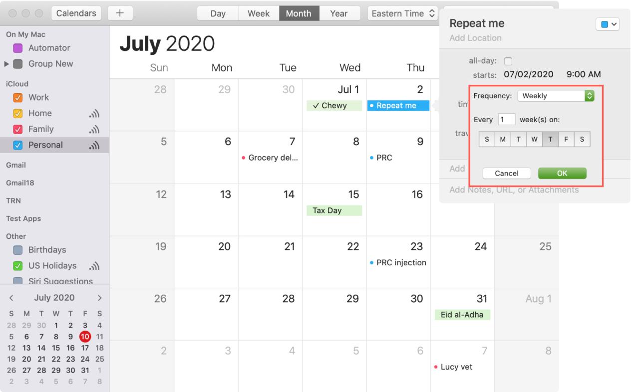Cree un calendario de eventos repetitivo personalizado para Mac