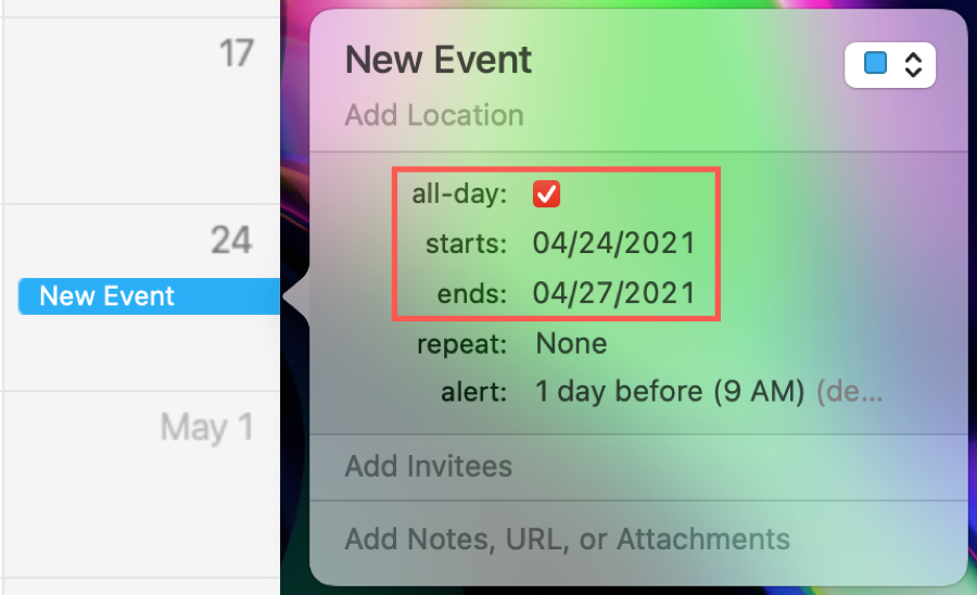 Crear un evento de varios días en Calendar en la Mac