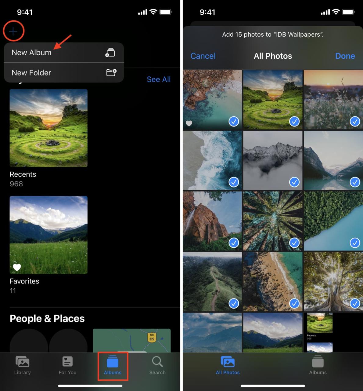Crear y agregar fondos de pantalla al álbum de fotos en iPhone