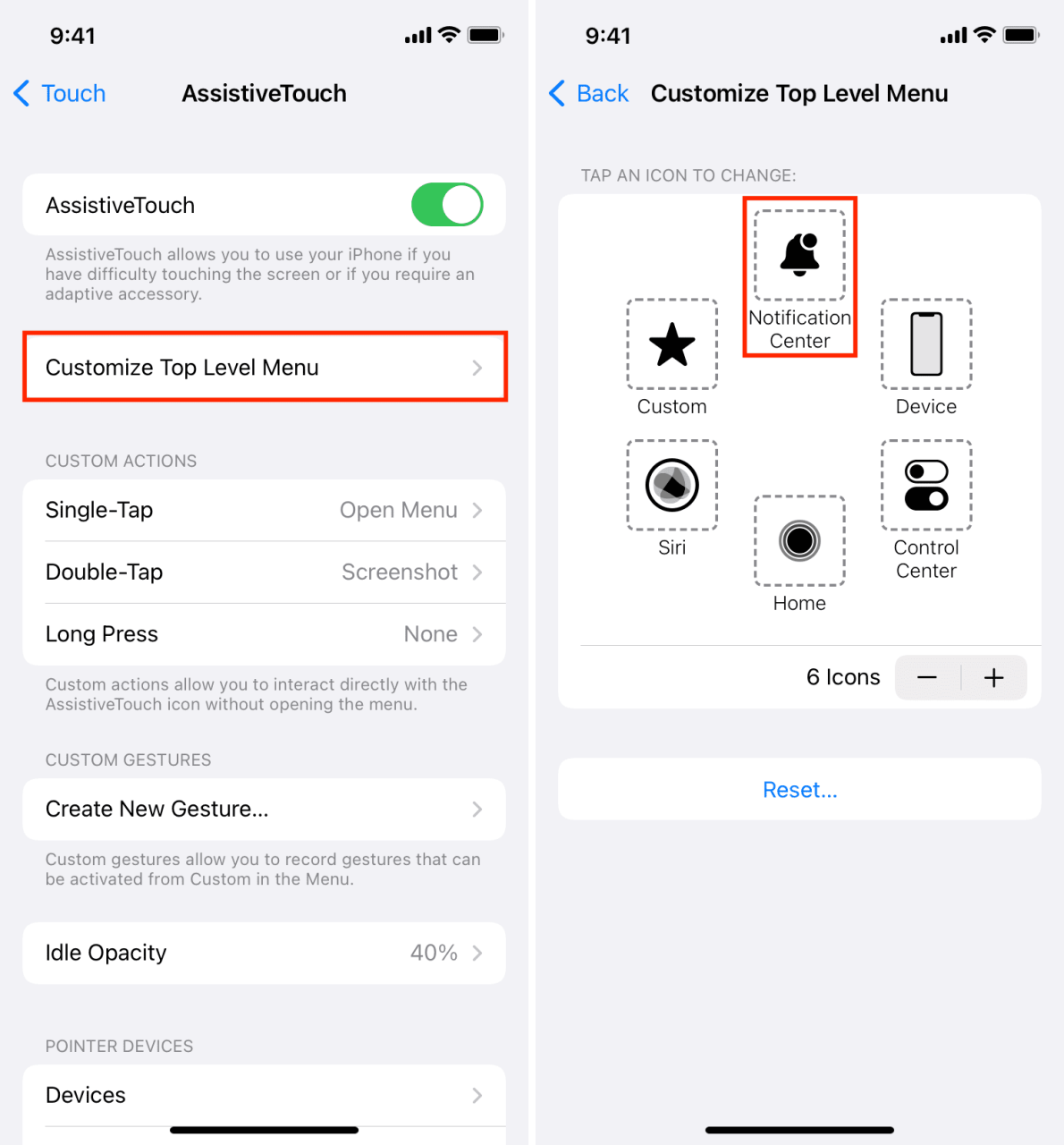 Personalizar menú de nivel superior AssistiveTouch iOS
