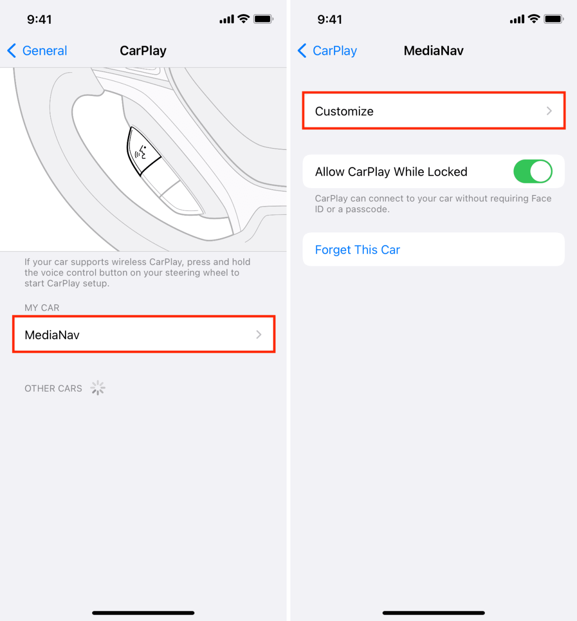 Personaliza el coche en la configuración de CarPlay en el iPhone