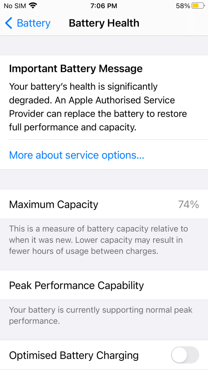 Mensaje importante de la batería sobre el estado degradado de la batería en el iPhone