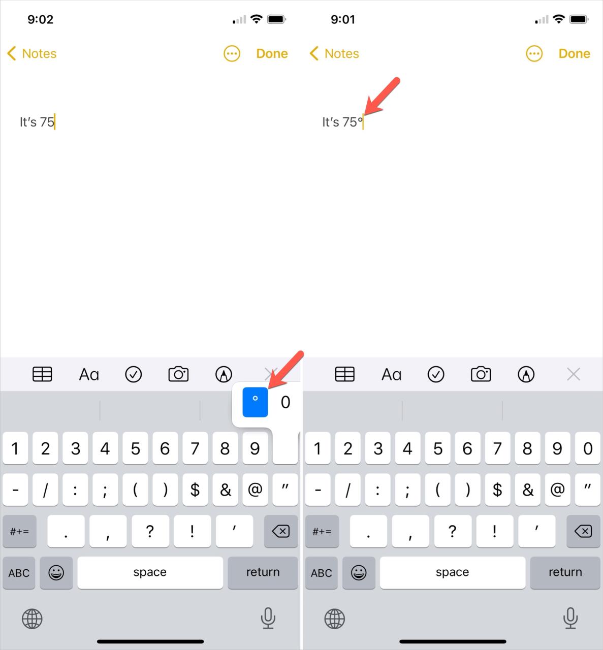 Símbolo de grado en el teclado del iPhone