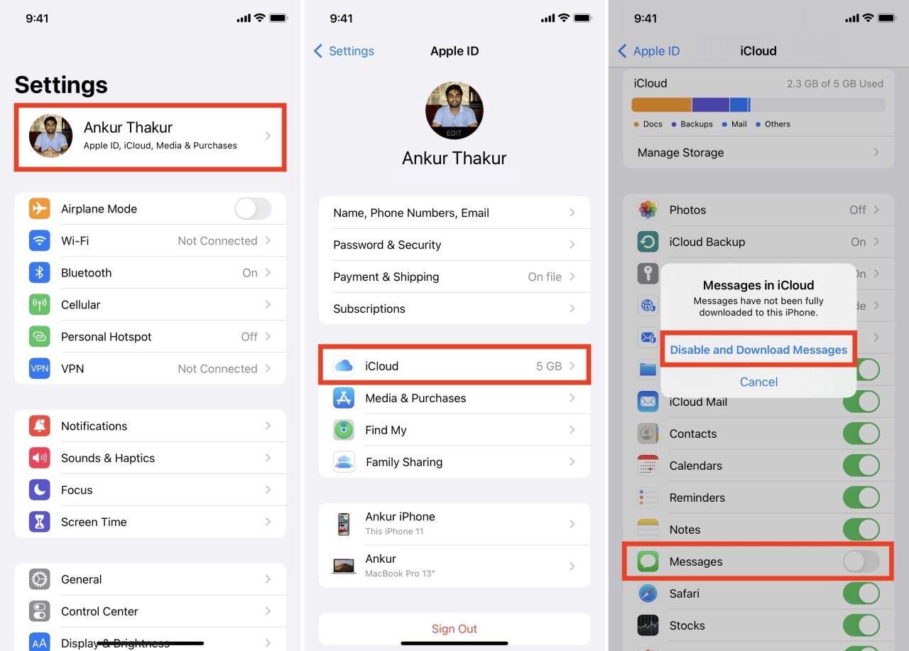 Deshabilitar y descargar mensajes en la configuración de iPhone iCloud