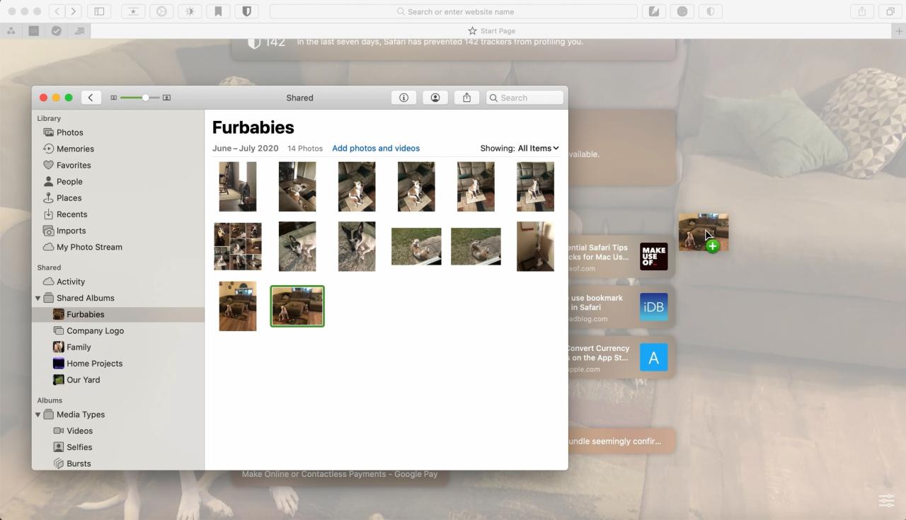 Arrastre y suelte una imagen de fondo de la página de inicio de Safari desde Fotos