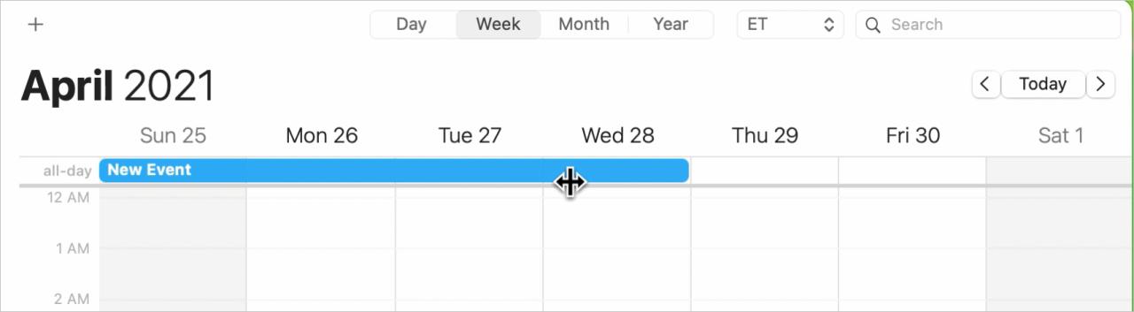 Arrastre para crear un evento de varios días en Calendario en Mac