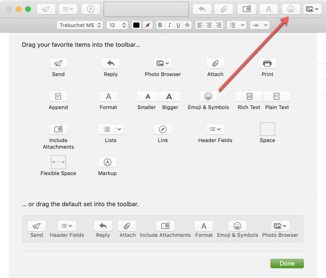 Arrastre el botón del símbolo Emoji a la barra de herramientas Mail Mac