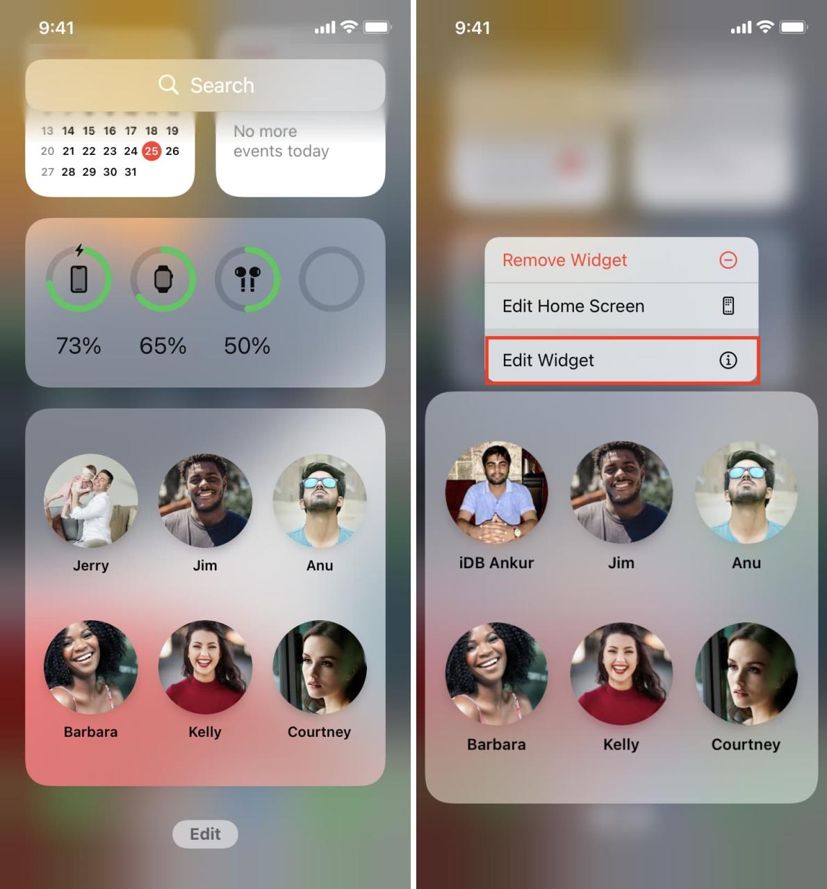 Editar widget en iPhone para personalizar contactos de marcación rápida