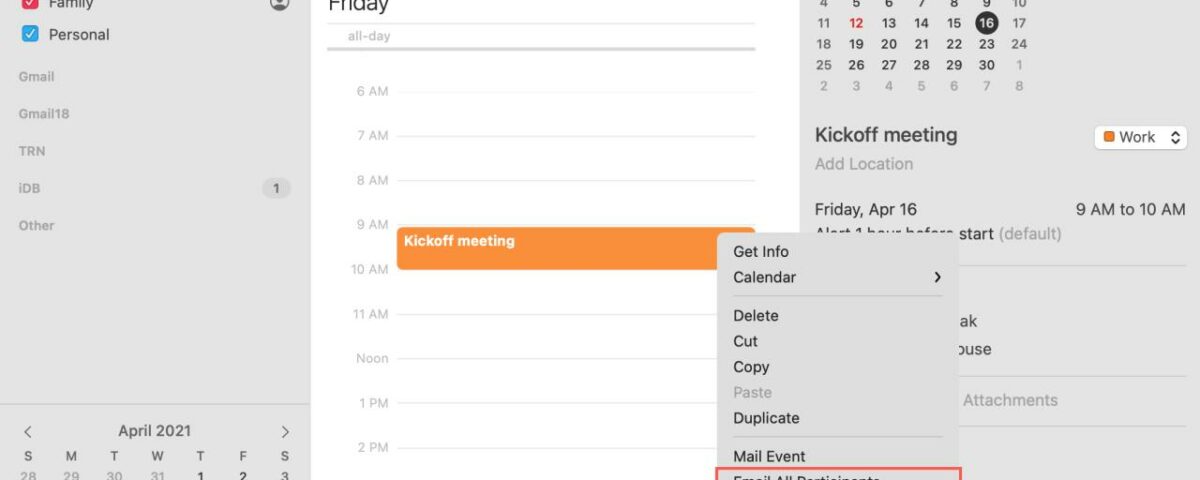 Correo electrónico o mensaje a todos los participantes para un evento de calendario en Mac