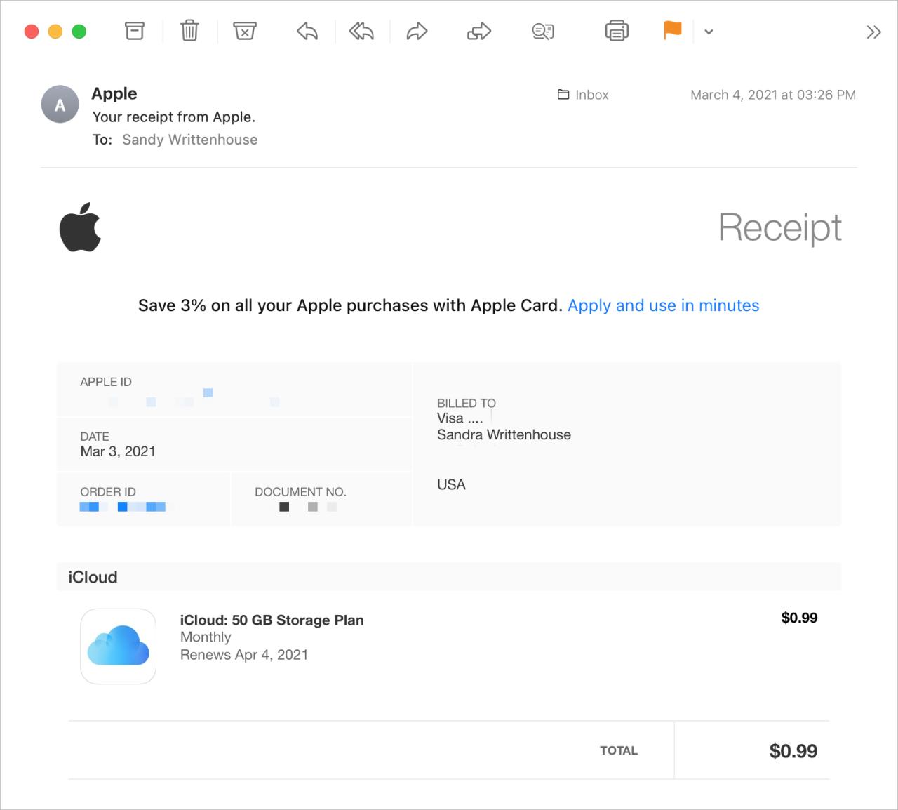 Recibo de correo electrónico para la compra de Apple