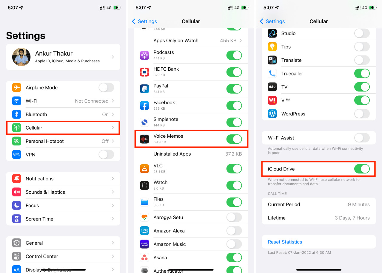 Habilitar datos móviles para notas de voz en iPhone