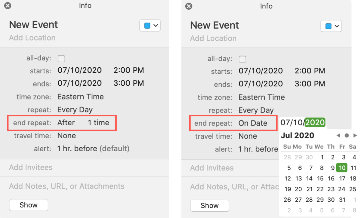 Finalizar el calendario de eventos repetitivos Mac