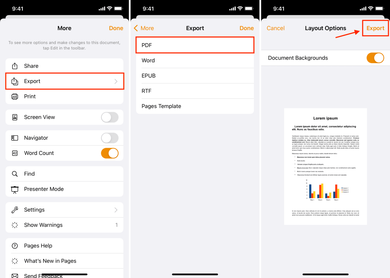 Exportar Word como PDF usando Pages en iPhone