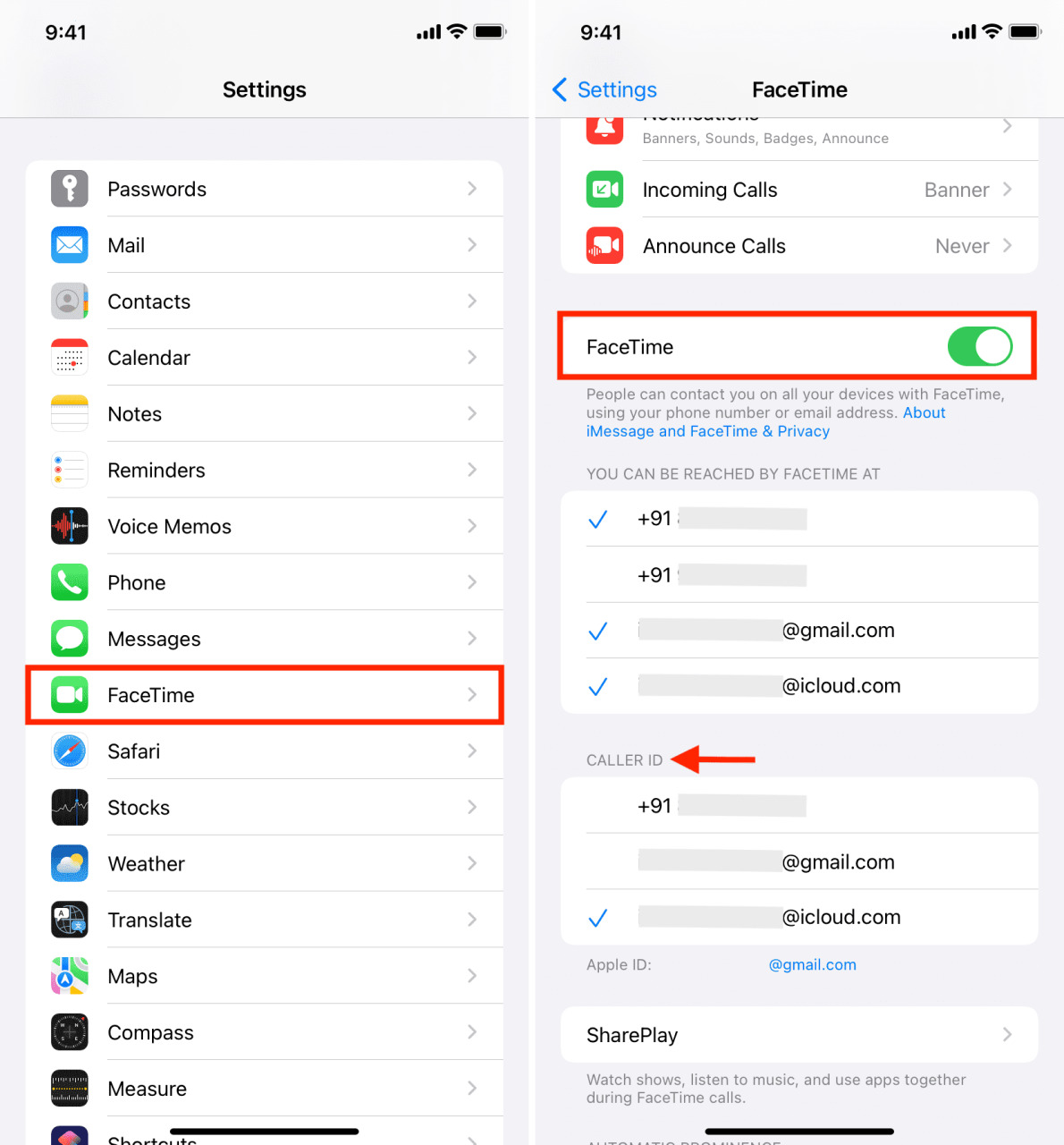 FaceTime habilitado en iPhone con identificador de llamadas correcto