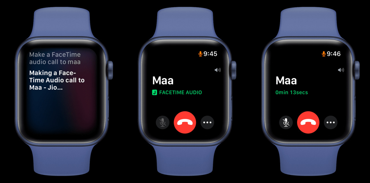 Tres imágenes que muestran cómo hacer una llamada FaceTime en Apple Watch usando Siri