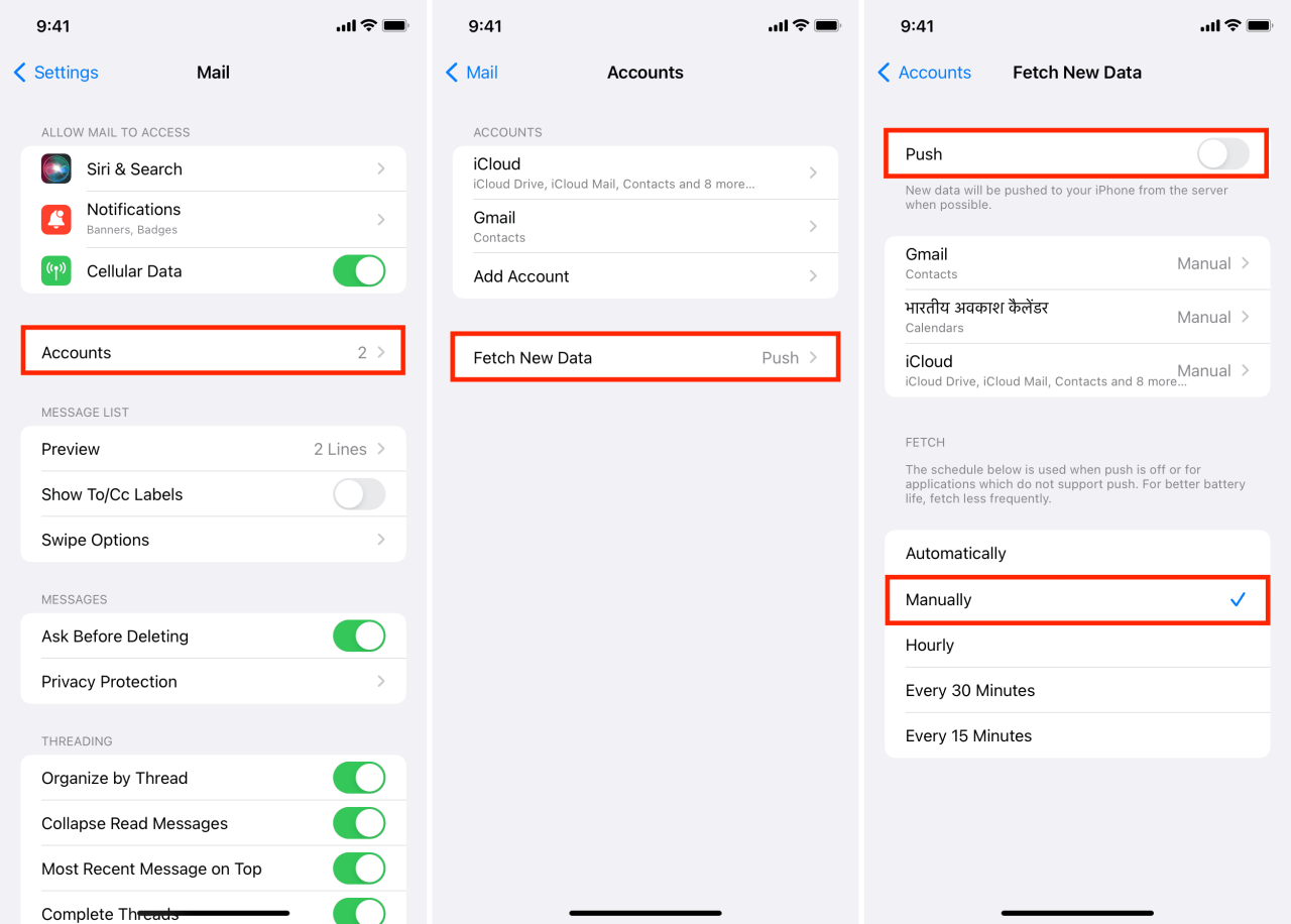 Obtenga manualmente nuevos datos para la aplicación Mail en iPhone
