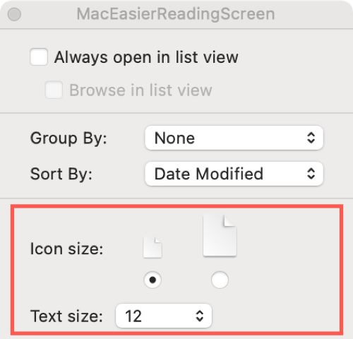 Icono de opciones de vista de Finder y tamaño de texto