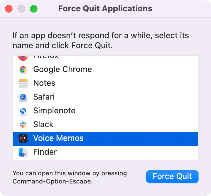 Forzar salida de la aplicación Notas de voz en Mac